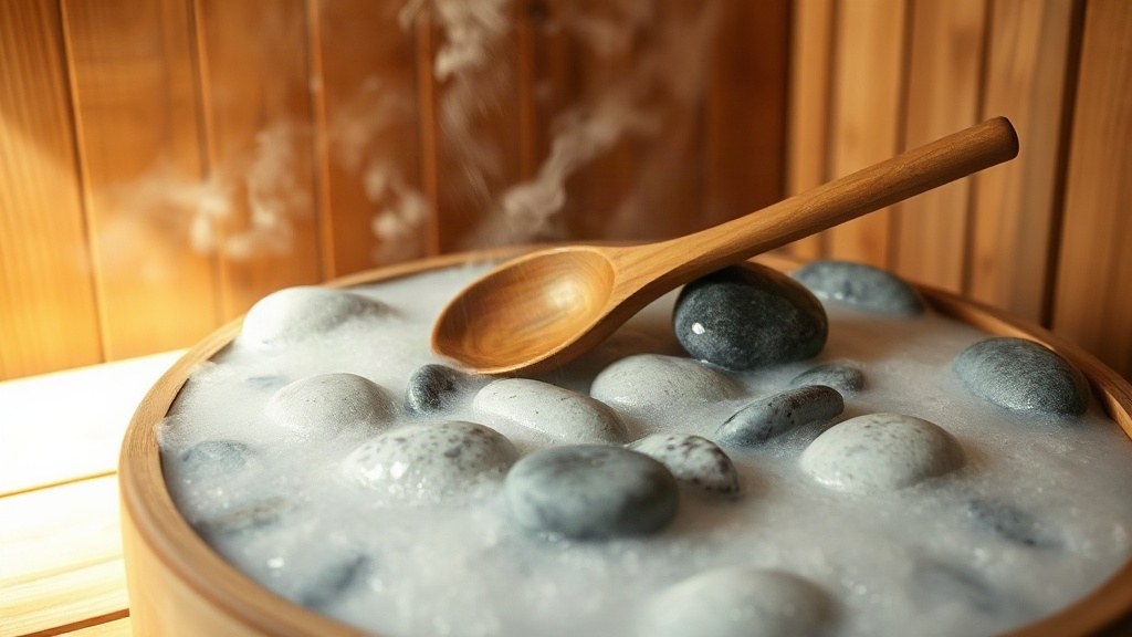 Traditional sauna heater with stones and ladle