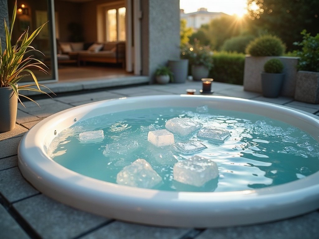 Cold plunge tub with icy water on a stone patio