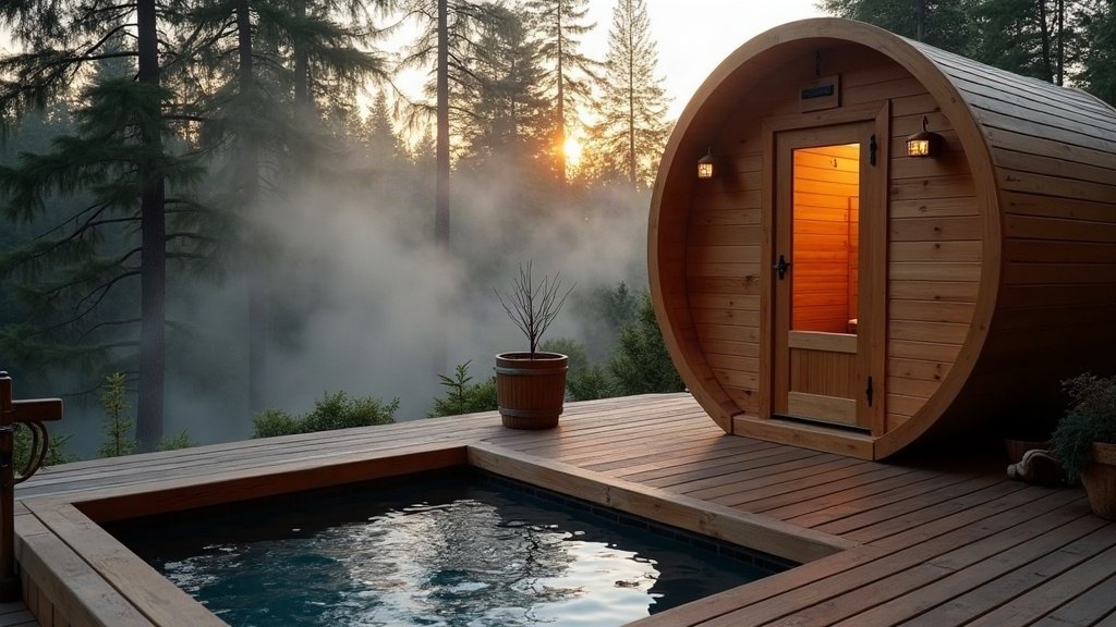 Outdoor barrel sauna and cold plunge tub on a deck at dawn