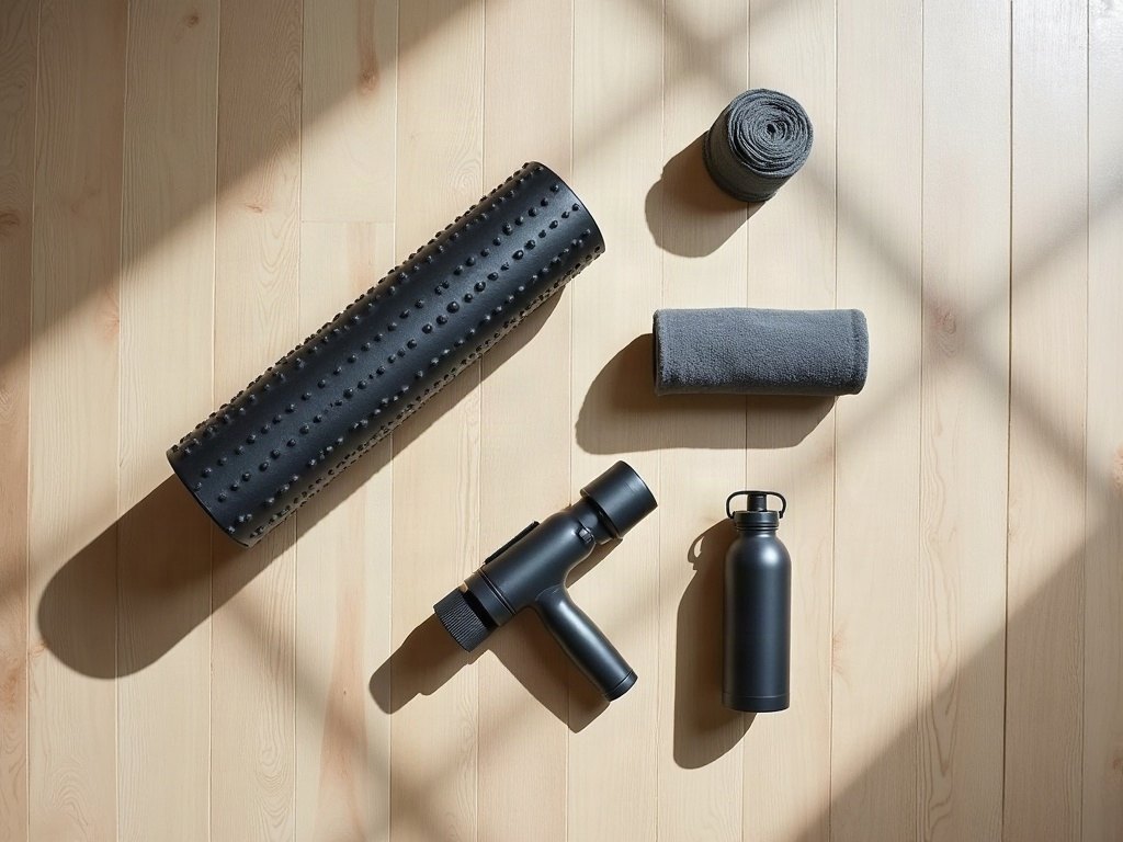 Recovery tools: foam roller, massage gun and towel