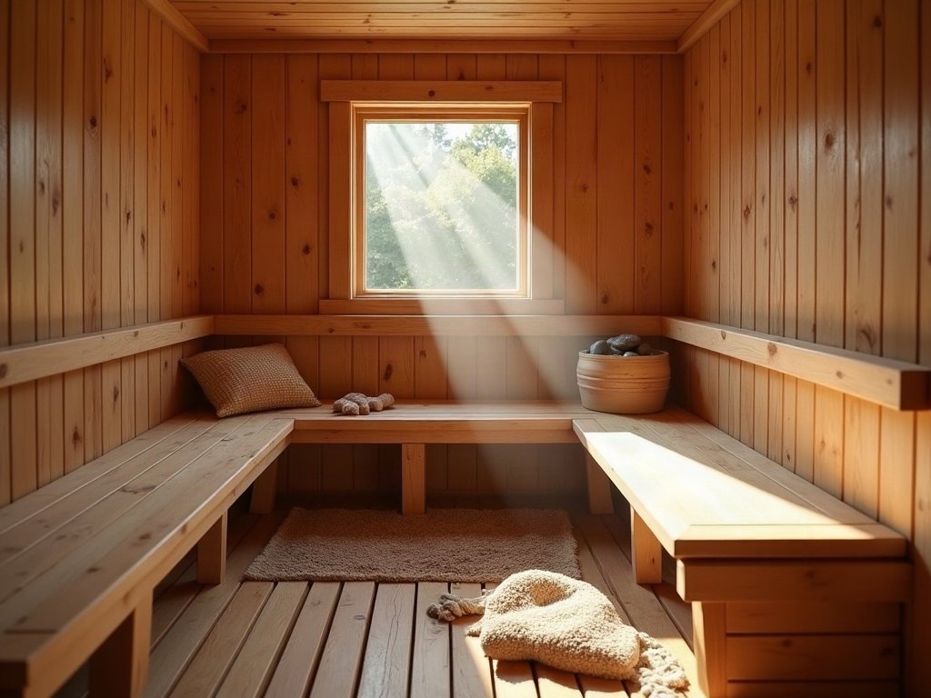 Inside a light cedar home sauna with heater stones