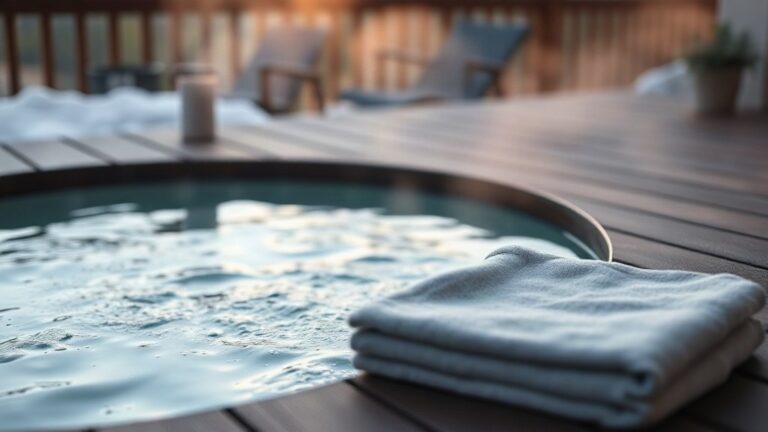 Outdoor cold plunge tub on a wooden deck at sunrise