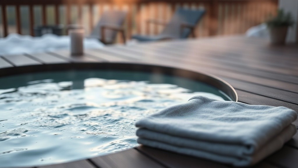 Outdoor cold plunge tub on a wooden deck at sunrise